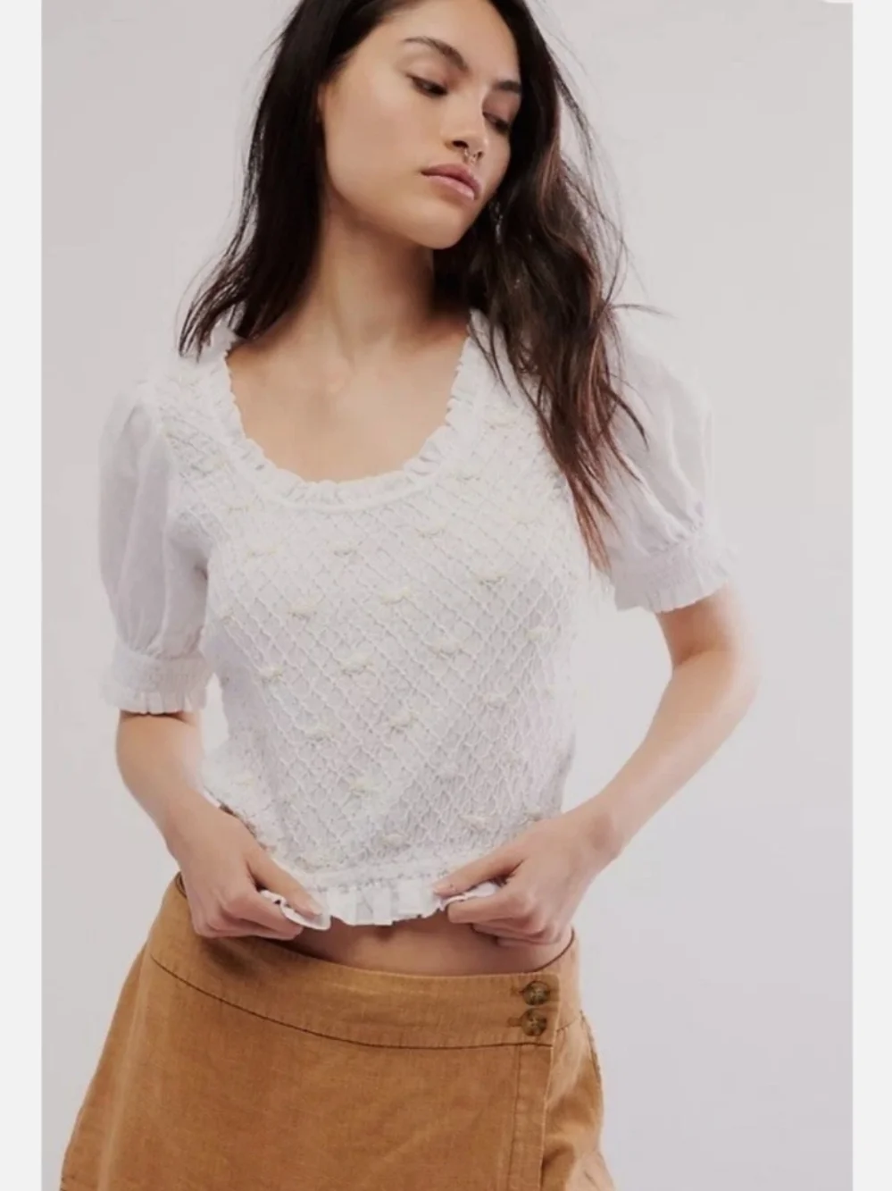 Free People Cecelia Puff Sleeve Smocked embroidered Rosette Cute Top M EUC